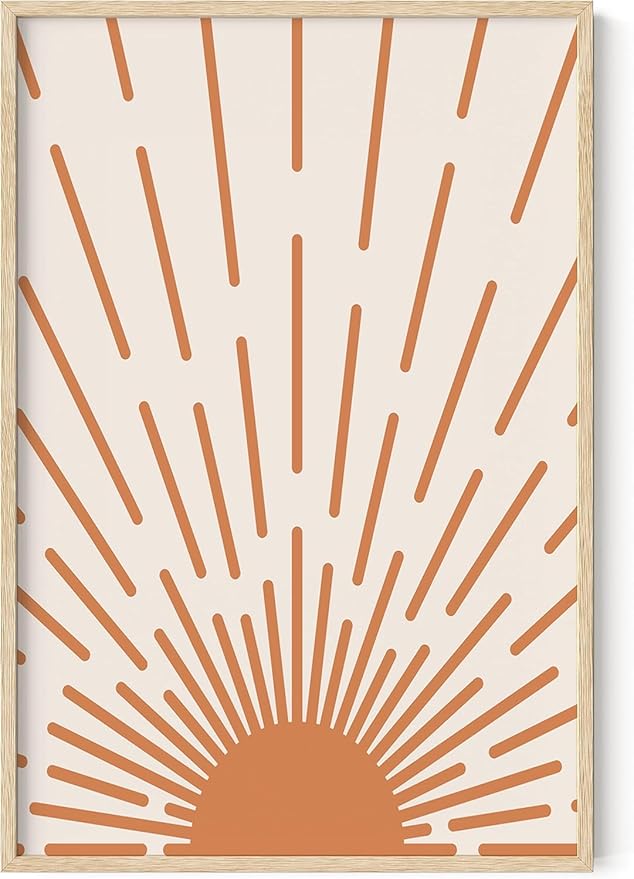 Minimalist Sunburst Wall Art Abstract Geometric Arch Earth Tones Terracotta Mid Century Modern 24x36 Inch Oak Wood Beige Framed Boho Sunrise Print for Bedroom Living Room Decor