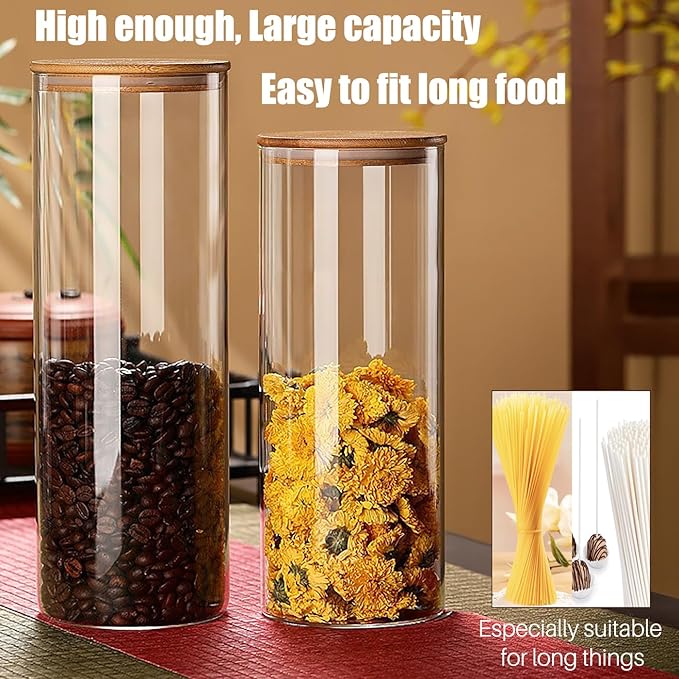 66 oz Glass Food Storage Jars with Airtight Lids, Tall Clear Glass Jar with Bamboo Lid, Airtight Food Canister for Pasta, Candy, Coffee, Sugar, Cookie, Snack. (Round | 10+11 Inch) x2