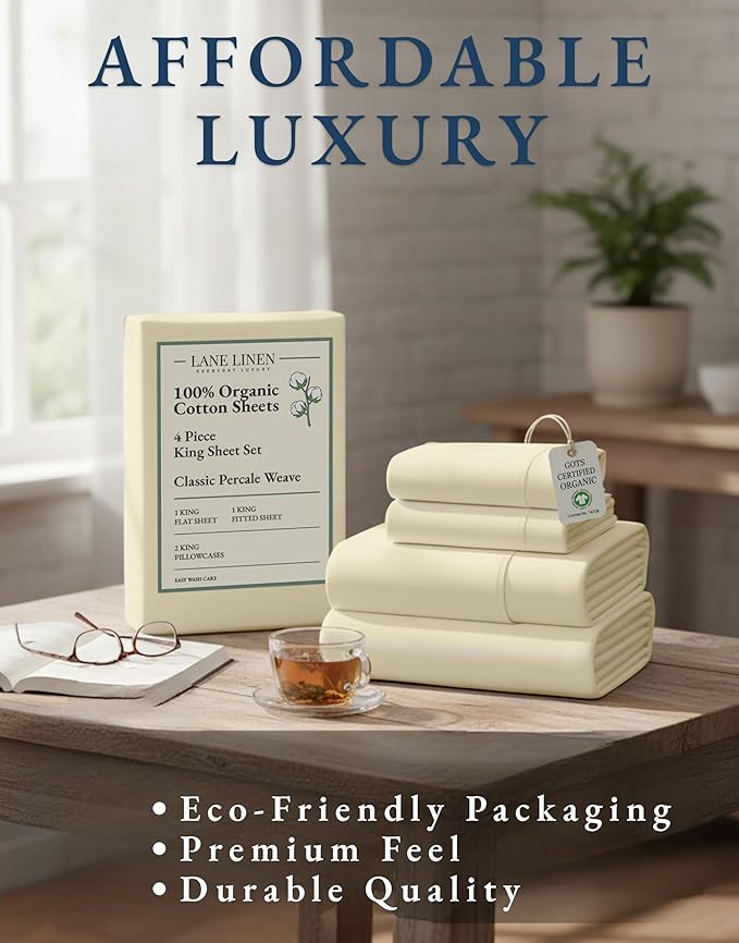 LANE LINEN 100% Organic Cotton Sheets King Size - 4 Pc Bed Sheets King Size, Soft & Breathable Cotton Sheets Set, Percale Sheet & Pillowcase Sets, deep Pocket Sheets Set - Natural