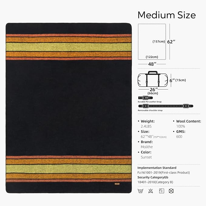 Molithe 100% Wool Blanket, 62" x 48", Warm, Thick, Washable, Military | Great for Camping, Outdoors, Sporting Events, Survival Kits Black and Yellow