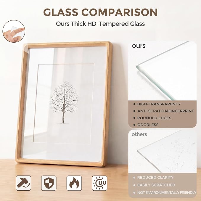 16x16 Picture Frame, USA-Sourced Beech Wood Photo Frame with HD Tempered Glass, Handcrafted Rounded Corner 16 x 16 Wooden Frame Matted to 12x12 Photos, 16x16 frame, Tabletop or Wall Display