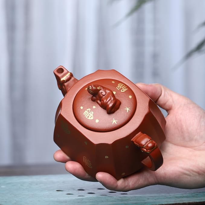 Zisha Teapot, Chinese Yixing Clay Handmade Tea Pot 10.8 Oz, Infuse Brew Kung Fu Loose Leaf Tea Maker -Blessing,Zhuni Red Clay