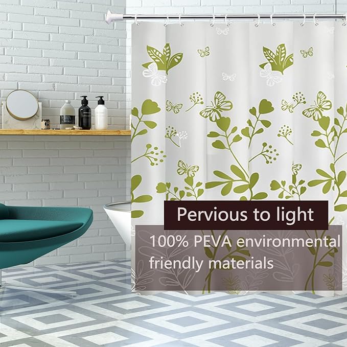 TIKABC Shower Curtain Liner, 4G PEVA Green Butterfly Shower Liner, Plastic Waterproof Shower Curtains, 72x72 inch with Grommet Holes 3 Magnetic Weights