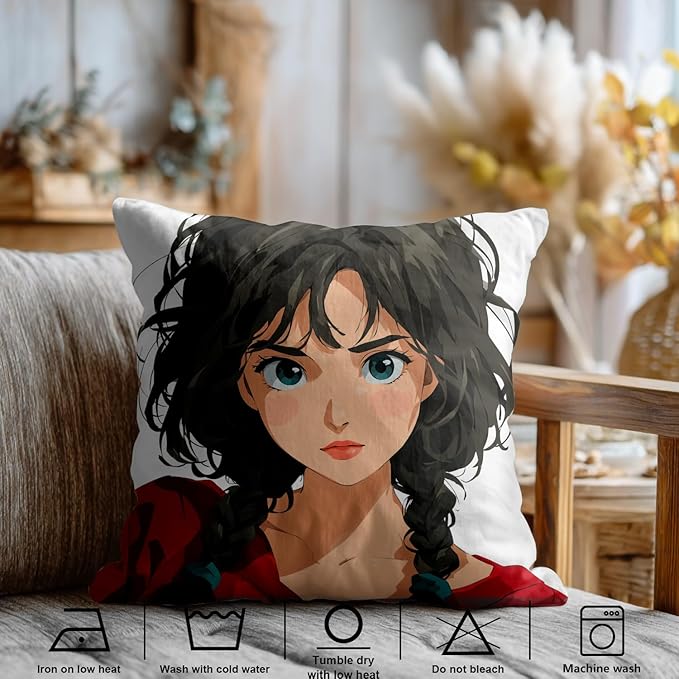 Shrahala Animated Youthful Decorative Throw Pillow Cover, Braided Hair Vivid Eyes Square Pillowcase Blended Double-Sided No Inserts for Bedroom Living Room Set of 2 (22 X 22 in)
