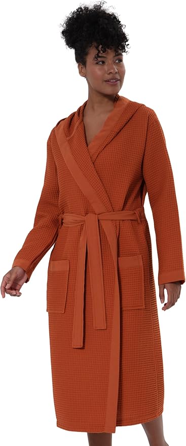 SEYANTE Women's Organic Cotton Waffle Kimono, Hooded Robe – GOTS Certified Lightweight Full-Length Spa Bathrobe with Piping