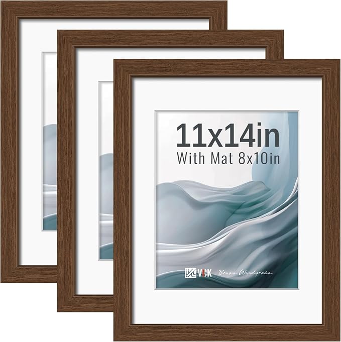 VCK 11x14 Picture Frames Brown 3 Pack, Wide Border Wood, Tempered Glass, Display 8x10 Photo with Mat or 11 x 14 without, for Home, Office, Gallery, Woodgrain Series, Wall Hanging