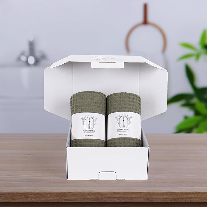 PÜSKÜL Pack of 2 Waffle Bath & Spa Towels - Premium 100% Turkish Organic Cotton - Quick Dry Thin Bath Towel for Bathroom - Made in Turkey (Khaki Green, 32x63 inch)