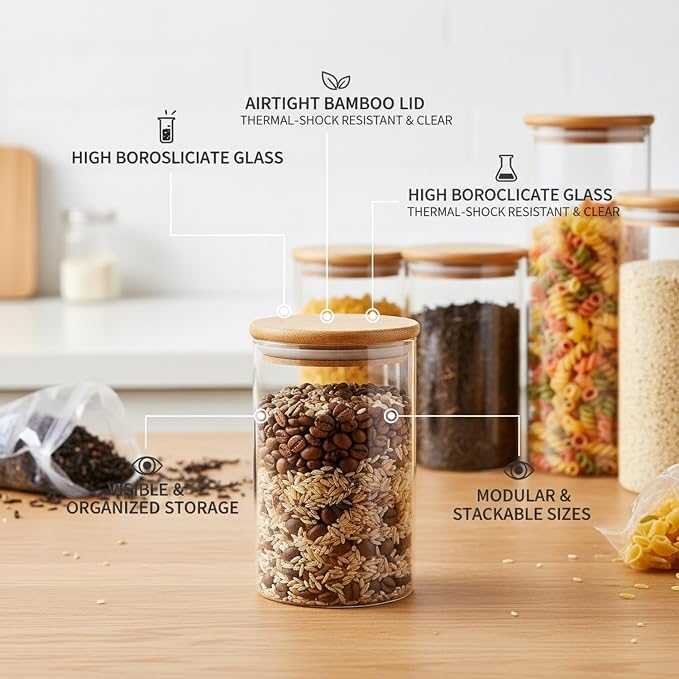 Borosilicate Glass Storage Jars with Bamboo Lids, Clear Kitchen Canisters for Pantry Organization of Dry Goods, Coffee, Tea, and Grains