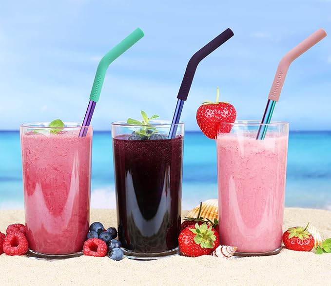 Senneny Set of 5 Stainless Steel Straws with Silicone Flex Tips Elbows Cover, 2 Cleaning Brushes and 1 Portable Bag Included (Colorful)- 8mm diameter