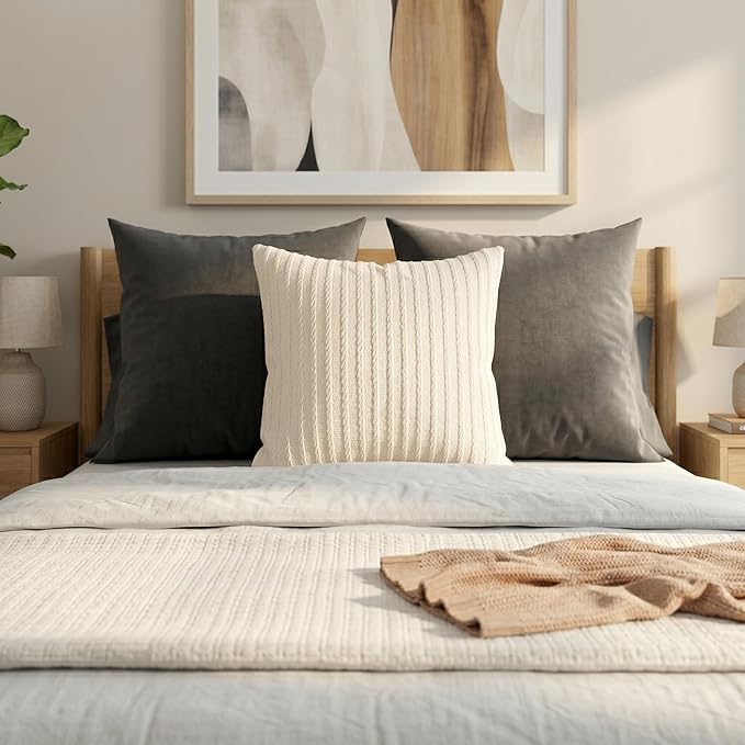 SanVia Cotton Throw Pillow Covers 20x20 – Handwoven Jacquard Texture, Fade-Resistant, No Pilling – Hidden Zipper, Decorative Cushion Cover for Sofa, Couch, Bed – Insert Not Included (Farmhouse, White)