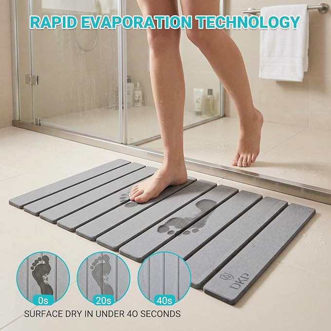Foldable Stone Bath Mat 23.6” x 15.3” – Diatomaceous Earth Shower Mat, Super Absorbent Quick Drying, Non-Slip Diatomite Bathroom Mat for Floor, Dish Drying Mat for Kitchen, Light Grey