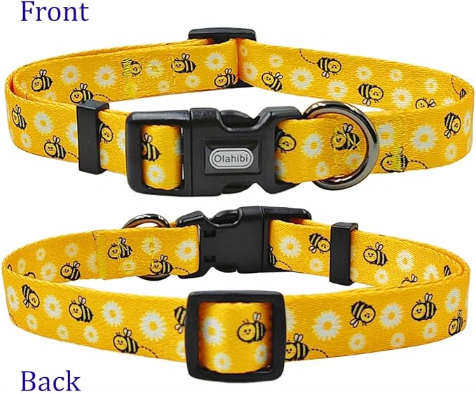 Dog Collar Leash Set, Floral Pattern, Polyester Material, Adjustable Collar and 5ft Matching Leash, for Puppy Dogs.(XS, Bee Daisy)