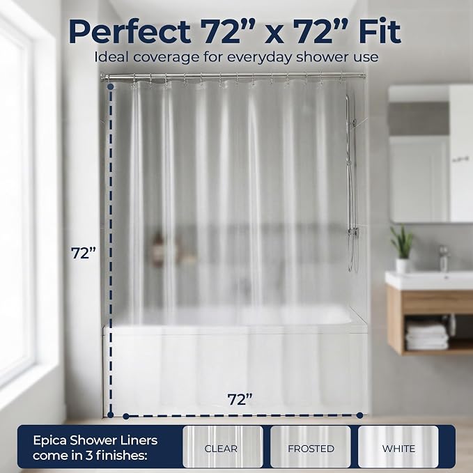 Epica Shower Curtain – Strongest Heavy-Duty Clear Vinyl 72x72 Shower Curtain Liner – Stain & Soap Scum Resistant with Rust-Proof Metal Grommets (Frosted)