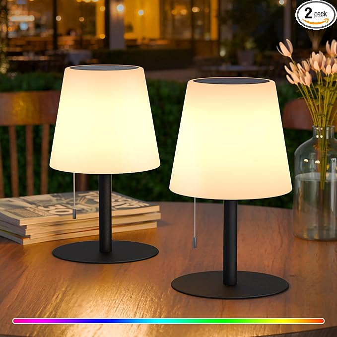 uuffoo 2 Pack Solar Lamp Outdoor Waterproof 8 Colors Rechargeable Cordless, Eye-Caring Dimmable Solar Lights LED Battery Operated Portable for Indoor Outdoor Garden Patio (2PCS Black)