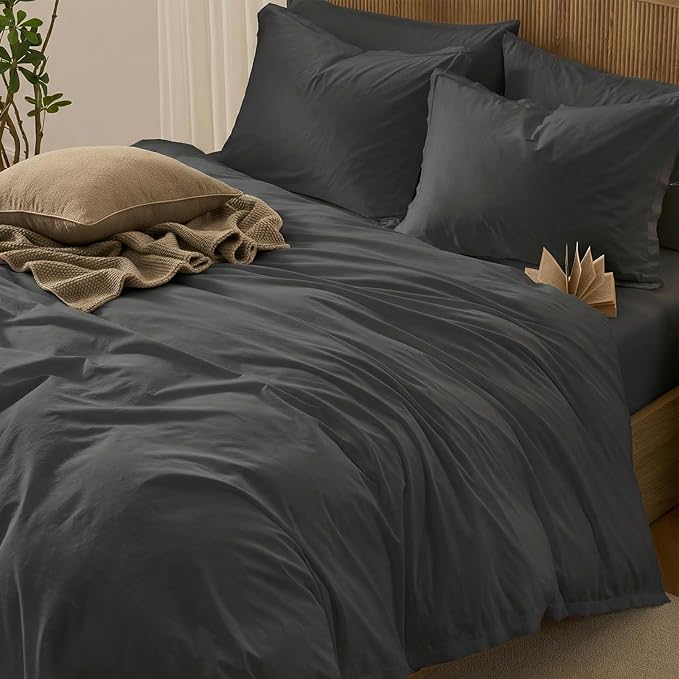 Duvet Cover Set King Size, 100% Washed Cotton, Light Weight Breathable Comforter Cover Linen Feel, 3PCs Breathable Bedding Set for All Season, Grey 104"x90"