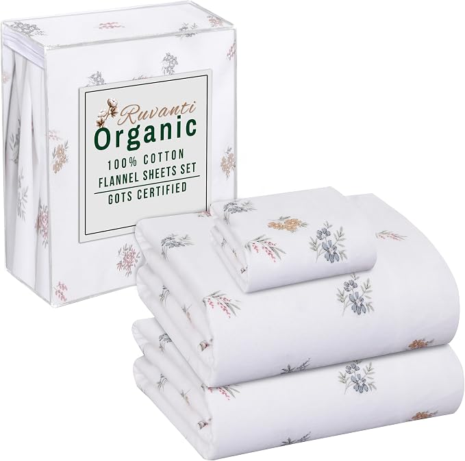 RUVANTI Flannel Sheets Twin XL Size - GOTS Certified 100% Organic Cotton, 3 Piece Warm, Soft & Breathable Set, Deep Pocket Snug Fit, Double Brushed Cozy All Season Bedding, Floral