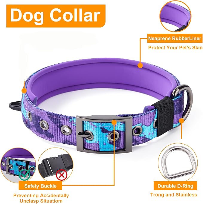 Annchwool No Pull Dog Harness,Heavy Duty Collar & Leash Set-Leash with Double Handle & Car Seatbelt Clip,Easy Control for Walking Training Medium Large Size Dogs(Camo Purple,L)