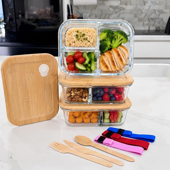 Glass Food Storage Containers with Bamboo Lids, Airtight Meal prep, Free Plastic Food Storage, Eco-Friendly With Elastic Bands and Descartables Wood Utensils (3Pack)