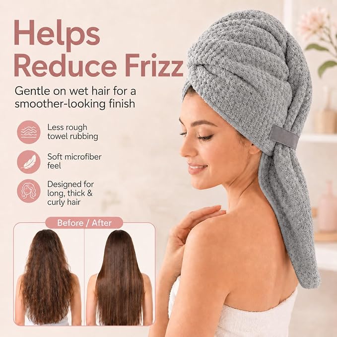 Large Hair Towel Wrap for Women, Quick-Dry Turban, Ultra Absorbent & Anti-Frizz, Ideal for Long, Thick & Curly Hair, Soft Lightweight Microfiber Drying Towel (24x42, Grey)