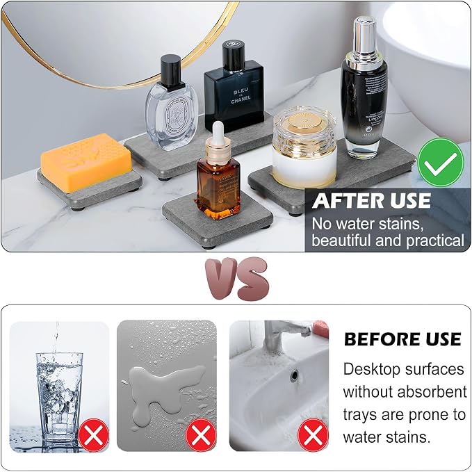4PCS Water Absorbing Stone Tray, Stone Drying Tray for Bathroom Sink and Kitchen Counter, Fast Drying Diatomite Sink Coasters, Diatomaceous Coaster, Soap Dish Holders