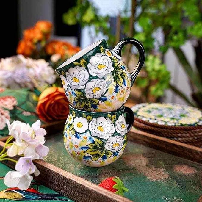 13oz Ceramic Coffee Mug, Hand-Painted Floral Polish Pottery Style Cup, Large Stoneware Tea Mug with Handle, Microwave & Dishwasher Safe (Green)
