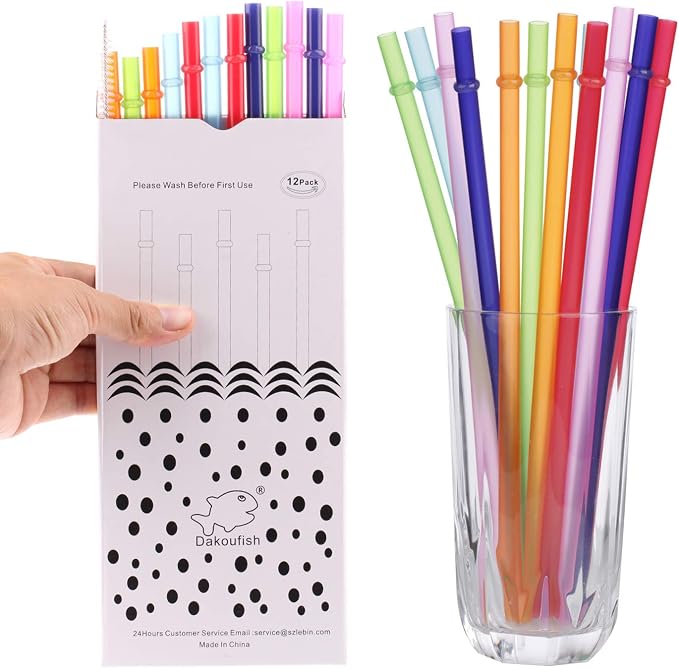 Dakoufish 12 Piece 9 Inch Reusable Plastic Thick Drinking Straws BPA Free Mason Jar Straws Plain Color (9inch,6color)