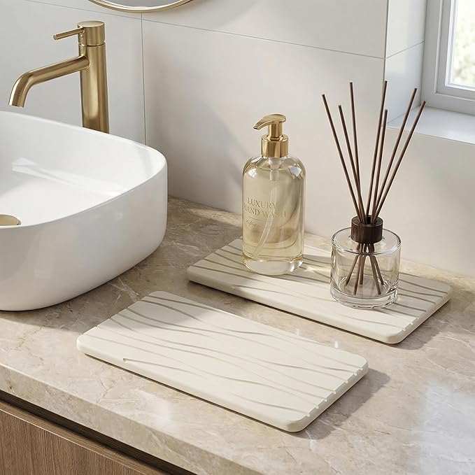 Water Absorbing Stone Tray for Bathroom Sink Stone Drying Mat for Kitchen Counter Diatomite Sink Soap Dispenser Trays Quick Dry Mat Kitchen Decor Diatomaceous Earth Vanity Tray Bathroom Accessories