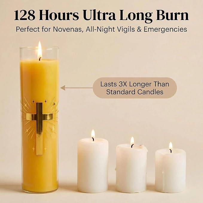 Beeswax Pillar Candles in Glass Jar,3-Pack 128H Burn,Yellow Unscented Prayer Candle