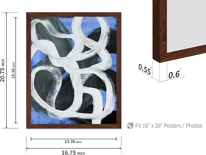 Monem Art Bold Blue Brushstroke Abstract Print - Modern Textured Line Art Poster - Wall Decor for Living Room, Bedroom or Office - 16x20 Brown Framed Wall Art by Mareike Bohmer