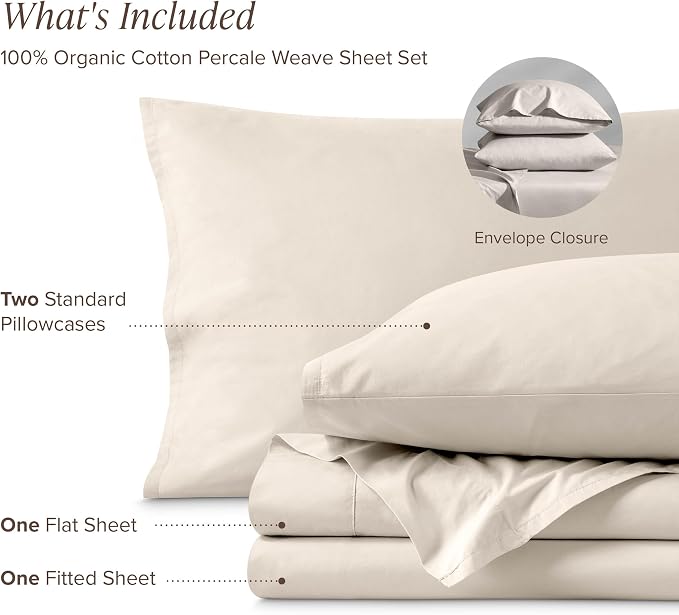 Bare Home 100% Organic Cotton Full Sheet Set - Crisp Percale Weave - Lightweight & Breathable - Bedding Sheets & Pillowcases (Full, French Beige)
