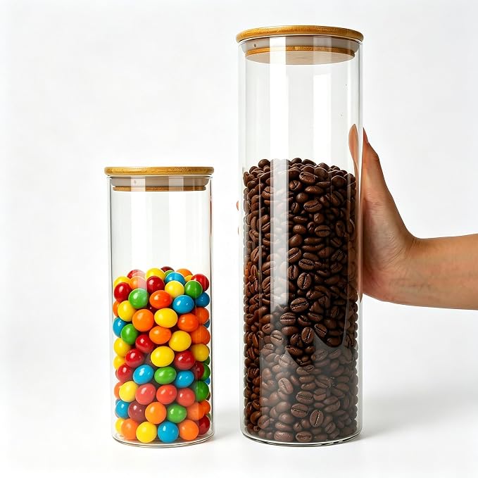 6pcs 2.25QT/1QT Glass Food Storage Containers with Lids | Extra Large 2.25QT(Set of 3) and 1QT (Set of 3) Storing Overnight Oats, Coffee, Spices, Candies, Flour, etc.,