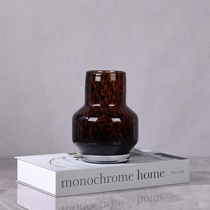 Amber Vase – Brown Glass, Modern Clear Glass Vase with Wide Mouth for Flowers, Decorative Bottles for Home Decor, Farmhouse Centerpiece, Tortoise Shell Art Glass Vase for Living Room, Kitchen, Office