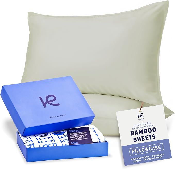 Kickoff Viscose Bamboo Pillowcase, King, Set of 2, 100% Organic Hidden Zippered Viscose Bamboo Pillow Case King Size, Cooling Pillow Cover for Hot Sleepers (20"x40", Soft Sage)