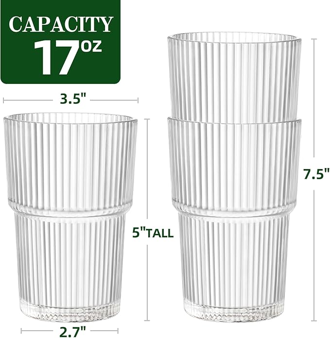 REALWAY 17oz Ribbed Plastic Glasses, Unbreakable Acrylic Drinking Cups – Clear, Reusable, Dishwasher Safe, Stackable Tumblers for Kitchen & Parties – Set of 12