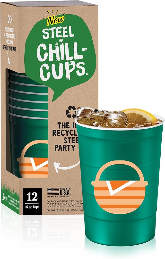 Steel Chill Cups 16 oz. Party Cup Summer BBQ Grill Picnic Design for Cold Drinks, Sturdy, Durable, Disposable, Recyclable, Made in USA, Green 12 Count