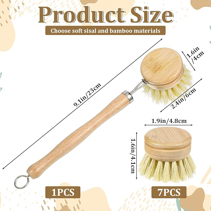 8 Pcs Bamboo Dish Brush with Handle, Natural Sisal Bristle Scrubber Includes 7 Replacement Brush Heads Wooden Kitchen Dish Brushes for Pots, Pans, Bowls, Dishes Cleaning