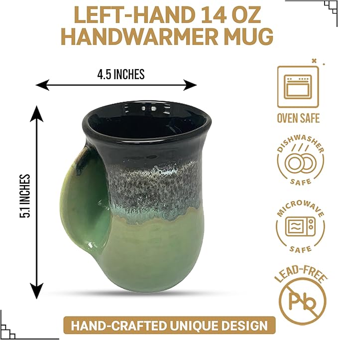 Clay in Motion Hand Warmer Coffee Mug – Handmade Coffee Mug With Comfortable Handle Contoured Pocket Hand Warming Ceramic Coffee Mug – Proudly Made in USA – Left Handed – 14 Oz - Midnight Prairie