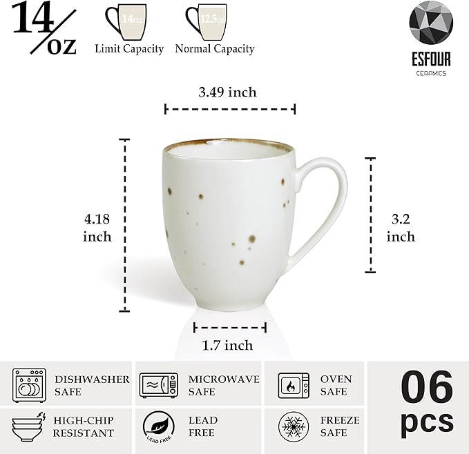 Esfour Ceramics Coffee Mugs Set Of 6, 14 Oz Large Handle Heavy Duty Cups - Microwave Dishwasher Safe - Latte, Cappuccino, Tea, Cocoa, Mocha - Men, Women, Home Office Daily Use, Classic Assorted Colors