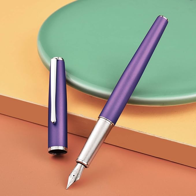 Hongdian 920 Purple Metal Fountain Pen, Steel Fine Point Classic Pen, Includes Refillable Converter and Pen Pouch
