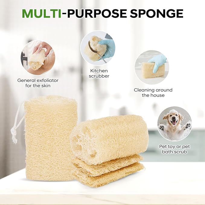 Natural Loofah Sponge 4 Pack, Organic Luffa Sponges Body Scrubber, Exfoliating Loofah Scrubber for Shower, Eco-Friendly Biodegradable Bath Loofahs for Men & Women