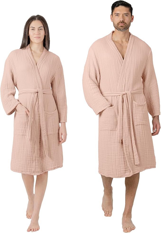 Comfy Cubs 100% Cotton Muslin Bathrobe - 4-Layer Absorbent Robe with Pockets & Belt for Bath, Spa, or Lounging