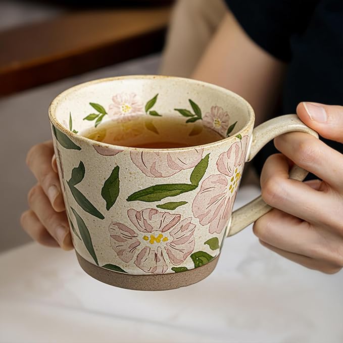 15oz Vintage Floral Ceramic Coffee Mug, Hand-Painted Lead-Free Tea Cup with Comfort Handle, Microwave & Dishwasher Safe for Home Office & Gift for Women (Pink Floral, 15, ounces)