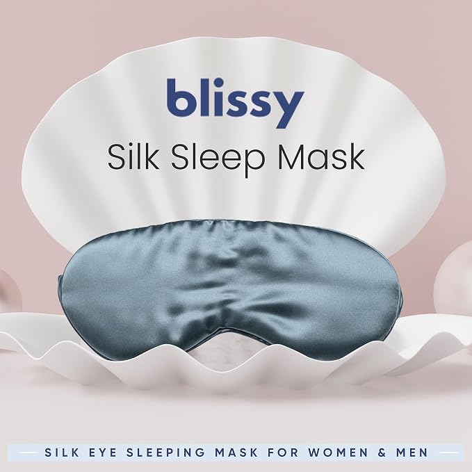Blissy Silk Sleep Mask - Eye Sleeping Mask for Women & Men for Total Blackout - 100% Pure Mulberry Silk, 22 Momme 6a Fibers - Blindfold Sleep Mask Side Sleeper Eye Cover (Ash Blue)