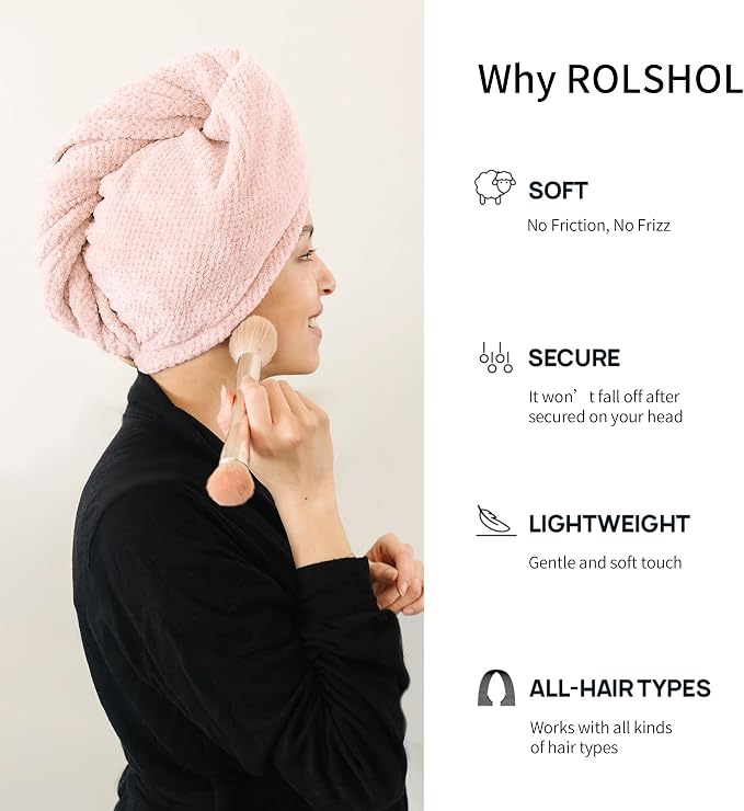 ROLSHOL Extra Large 4 Pack Microfiber Hair Towel Wrap for Women Super Absorbent & Quick Dry Hair Drying Towels with Button, Hair Turbans for Curly Hair Long & Short Hair - Anti-Frizz