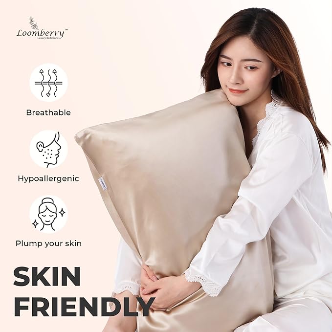 100% Pure Mulberry Silk Pillowcase for Hair and Skin, 6A Grade 22 Momme Silk Pillow Cases with Zipper, Soft Cooling Washable Both Sided Silk Pillow Cover (Beige, Queen 20''x30'')