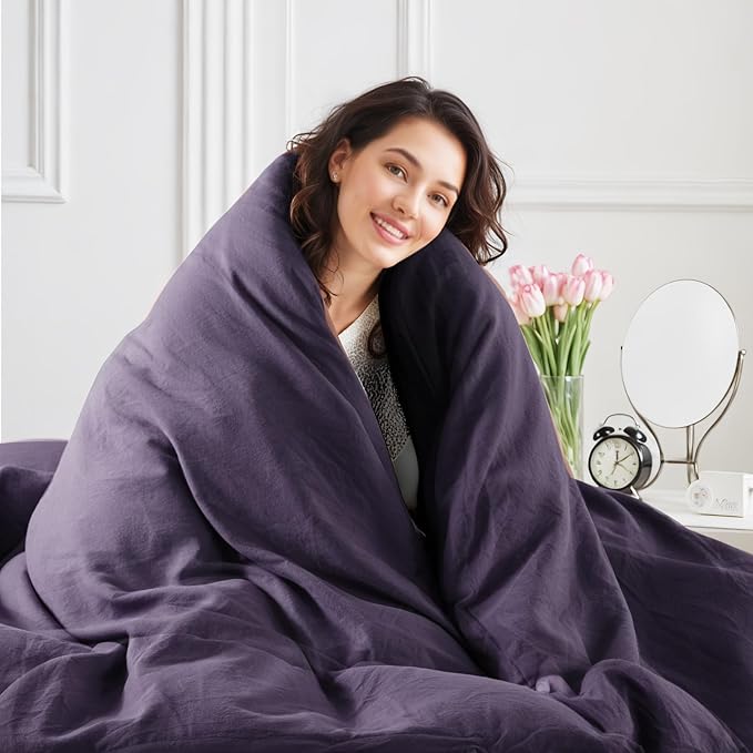 NEXHOME PRO 100% Washed Cotton Duvet Cover King Size, Ogranic Natural Linen Feel Breathable Bedding Set with Zipper Closure, 3 Pieces Duvet Cover Set Eggplant (No Comfortert) 10490