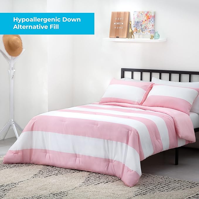 Linenspa All Season Hypoallergenic Down Alternative Microfiber Comforter, Twin XL, Pink/White, Twin XL Size, Dorm Room Essentials