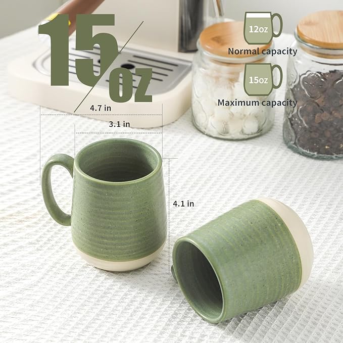 HASENSE Porcelain Coffee Mugs Set of 4, 15 Oz Large Coffee Cups, Latte Cup with Handle, Tea Mugs for Men and Women, Modern Coffee Mug for Cappuccino, Milk, Cocoa, Microwave & Dishwasher Safe, Green