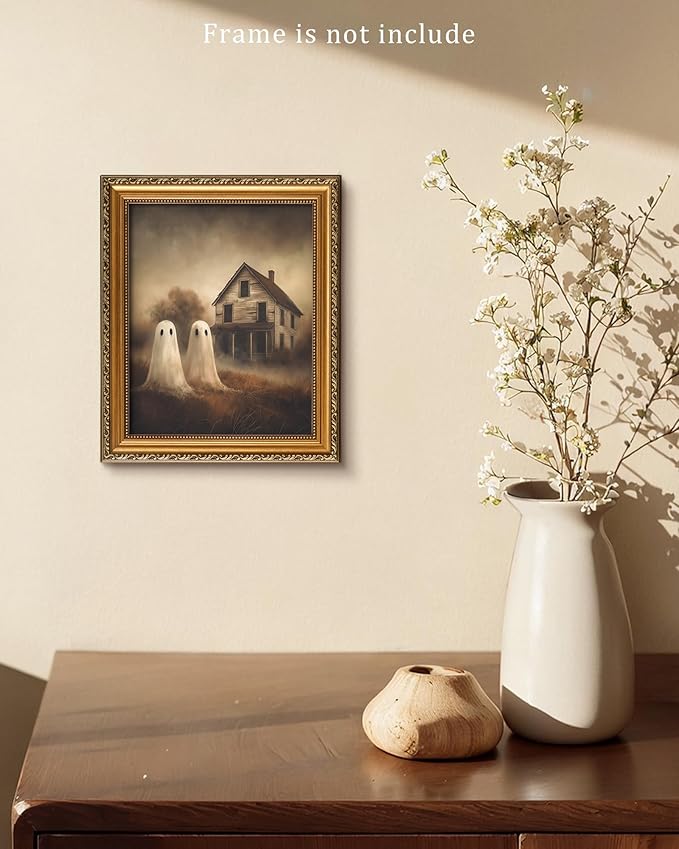 Vodefoad Retro Cute Ghost Decor Halloween Painting Spooky Silhouette Ghosts Haunted House Art Victorian Ghost Posters Pictures for Living Room, Bedroom, Bathroom, halloween Room decor - 8x10 Inch Unframed