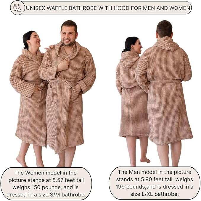 Unisex Hooded Waffle Robe for Women & Men 100% Turkish Cotton | Quick-Dry Bathrobe | Cozy Housecoat for Lounging